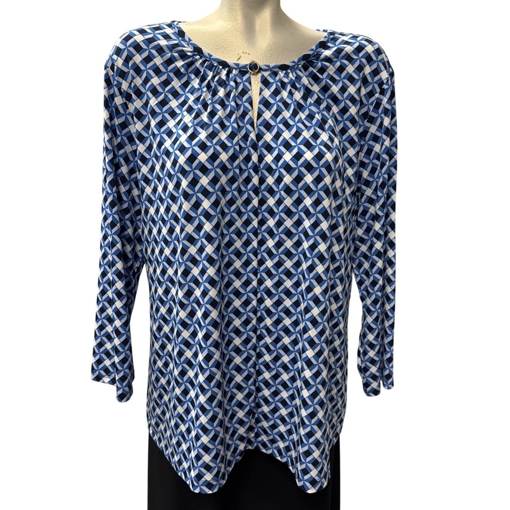 Liz Claiborne Womens XL Blue Geometric Print 3/4 Sleeve Blouse Keyhole Top